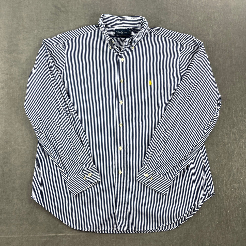 Polo Ralph Lauren Men XL Navy Blue Striped Button Down Classic Fit Shirt